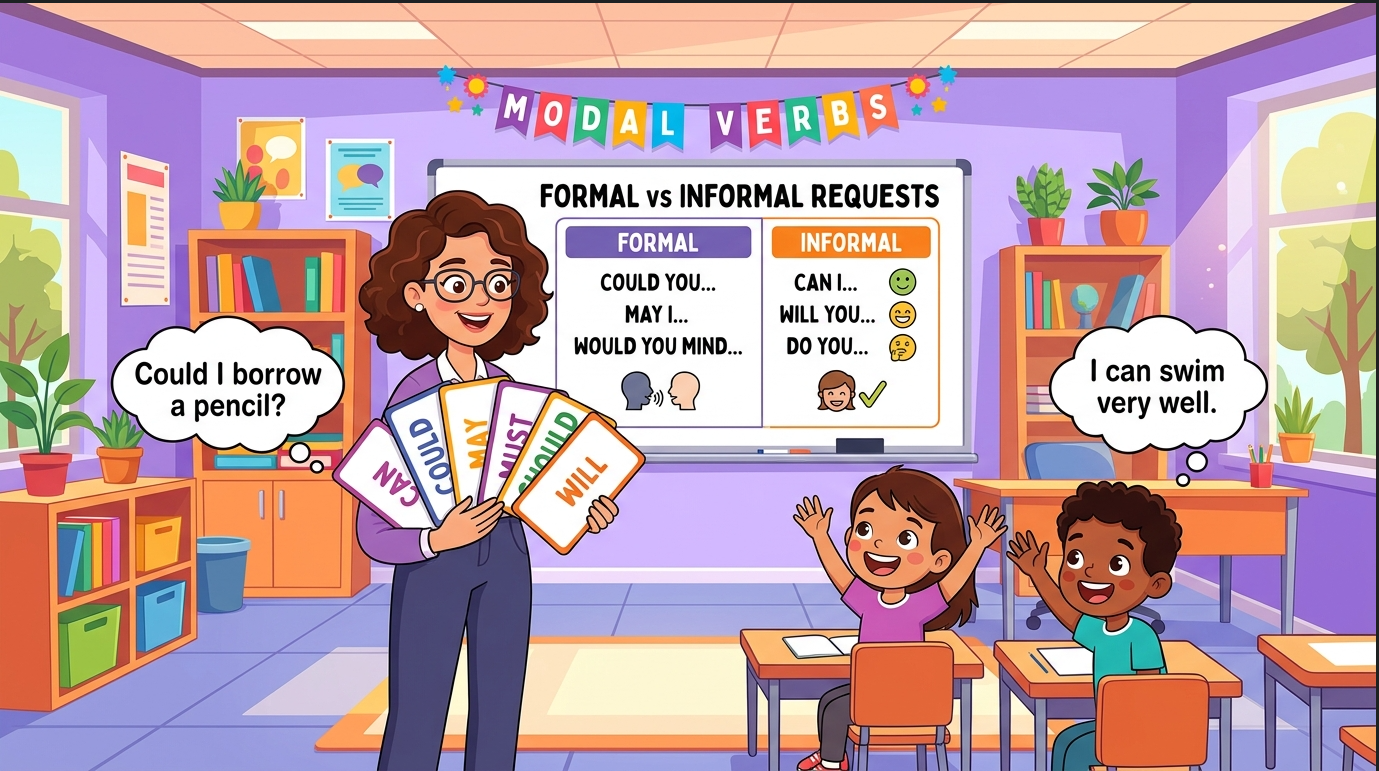 Kids learning Modal Auxiliary Verb and rules with formal and informal inner meanings in English grammar with Bangla meanings and pronunciation in a colorful classroom illustration.