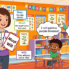 Kids learning Modal Verbs in English grammar with Bangla meanings and pronunciation in a colorful classroom illustration.