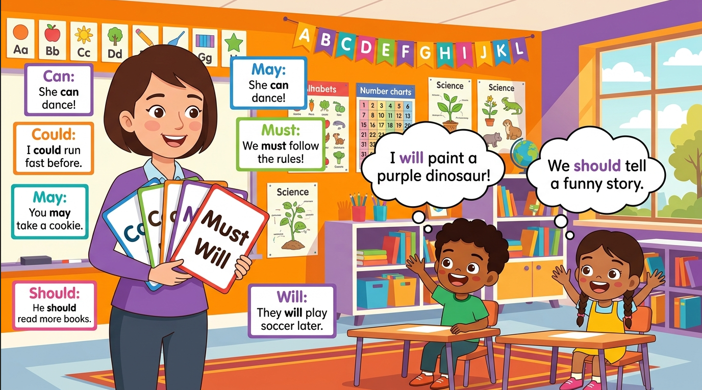 Kids learning Modal Verbs in English grammar with Bangla meanings and pronunciation in a colorful classroom illustration.