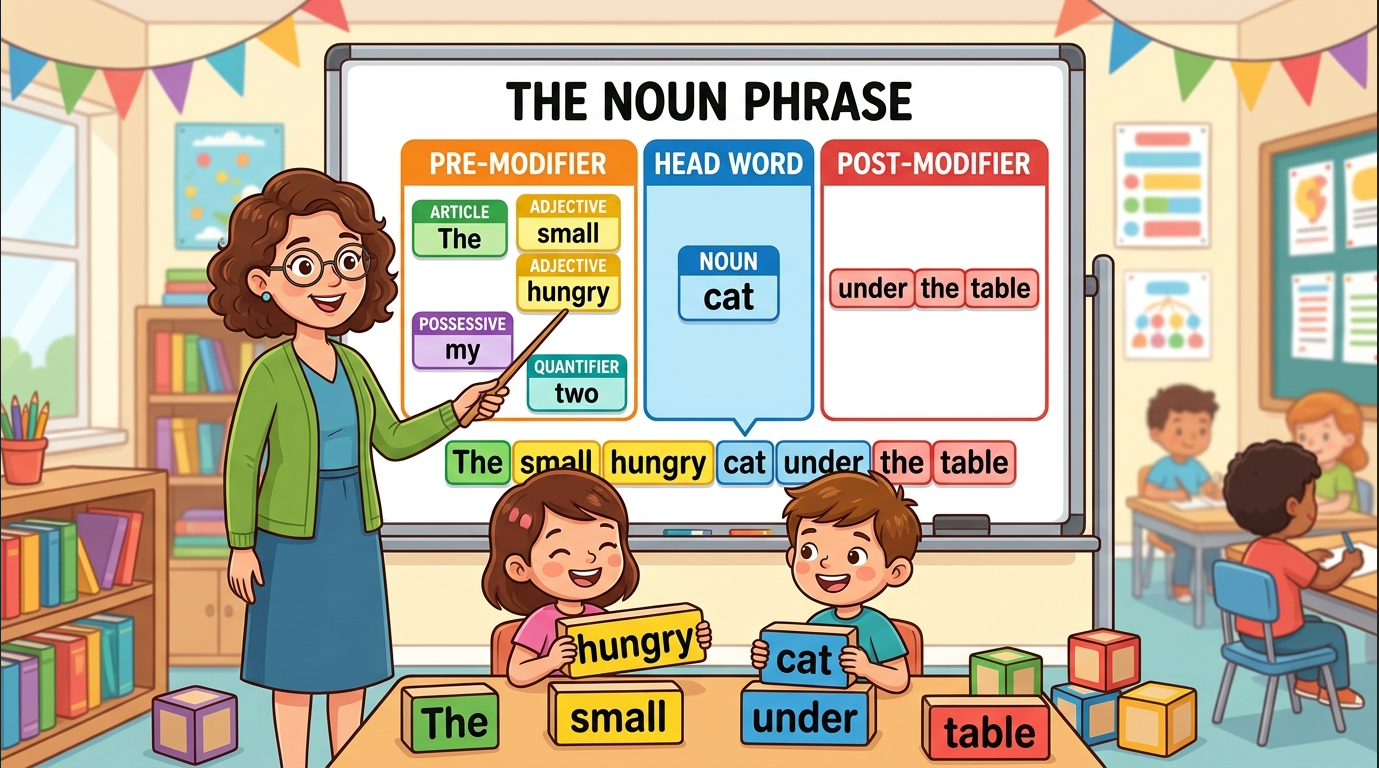 Kids learning Modifiers – Head Word, Pre-Modifier and Post-Modifier in English grammar with Bangla meanings and pronunciation in a colorful classroom illustration.