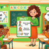 Kids learning Must with all possible uses in English grammar with Bangla meanings and pronunciation in a colorful classroom illustration.
