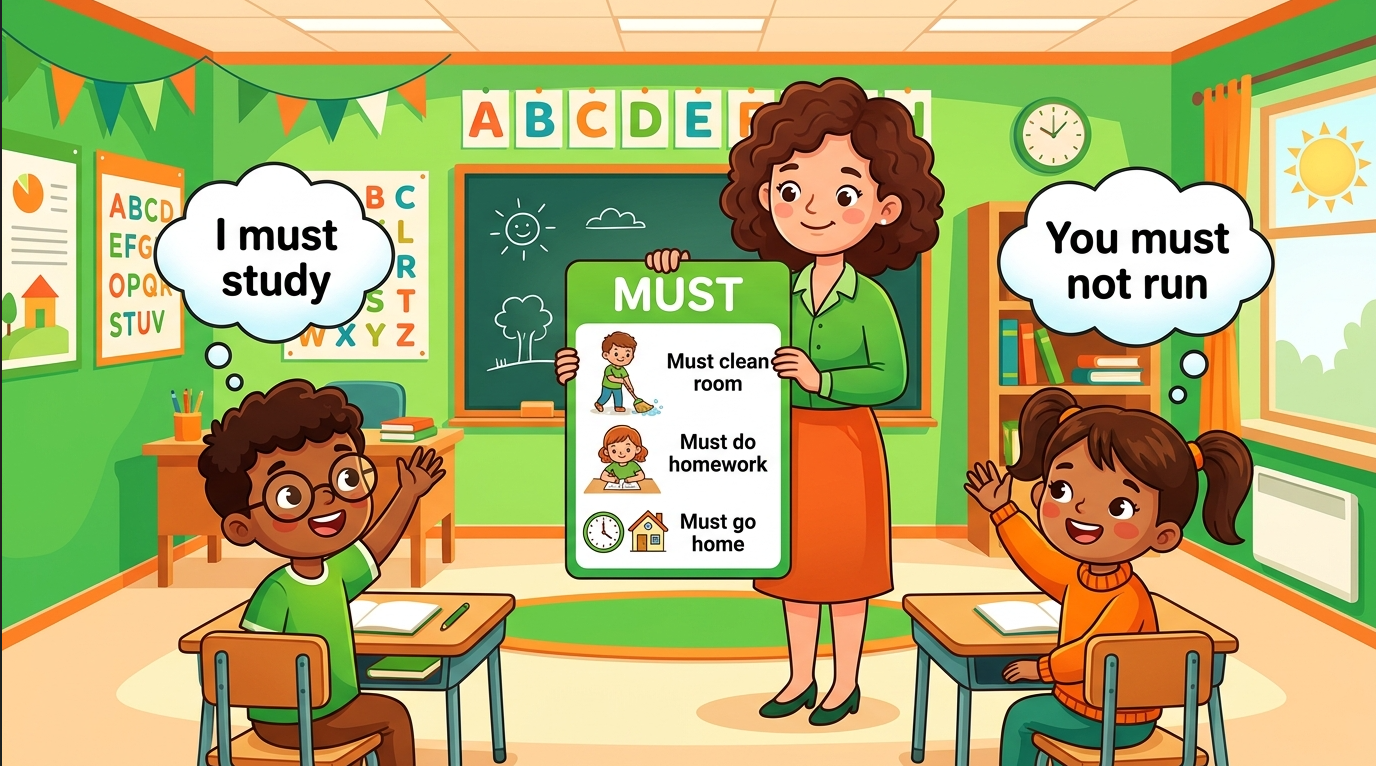 Kids learning Must with all possible uses in English grammar with Bangla meanings and pronunciation in a colorful classroom illustration.