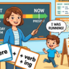 Kids learning Past Continuous Tense in English grammar with Bangla meanings and pronunciation in a colorful classroom illustration.