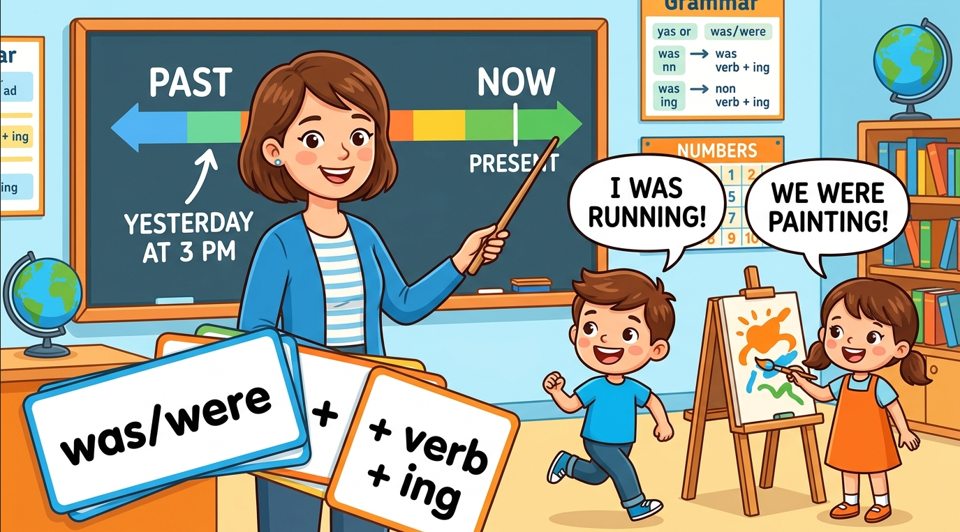 Kids learning Past Continuous Tense in English grammar with Bangla meanings and pronunciation in a colorful classroom illustration.