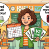 Kids learning Past Indefinite Tense in English grammar with Bangla meanings and pronunciation in a colorful classroom illustration.