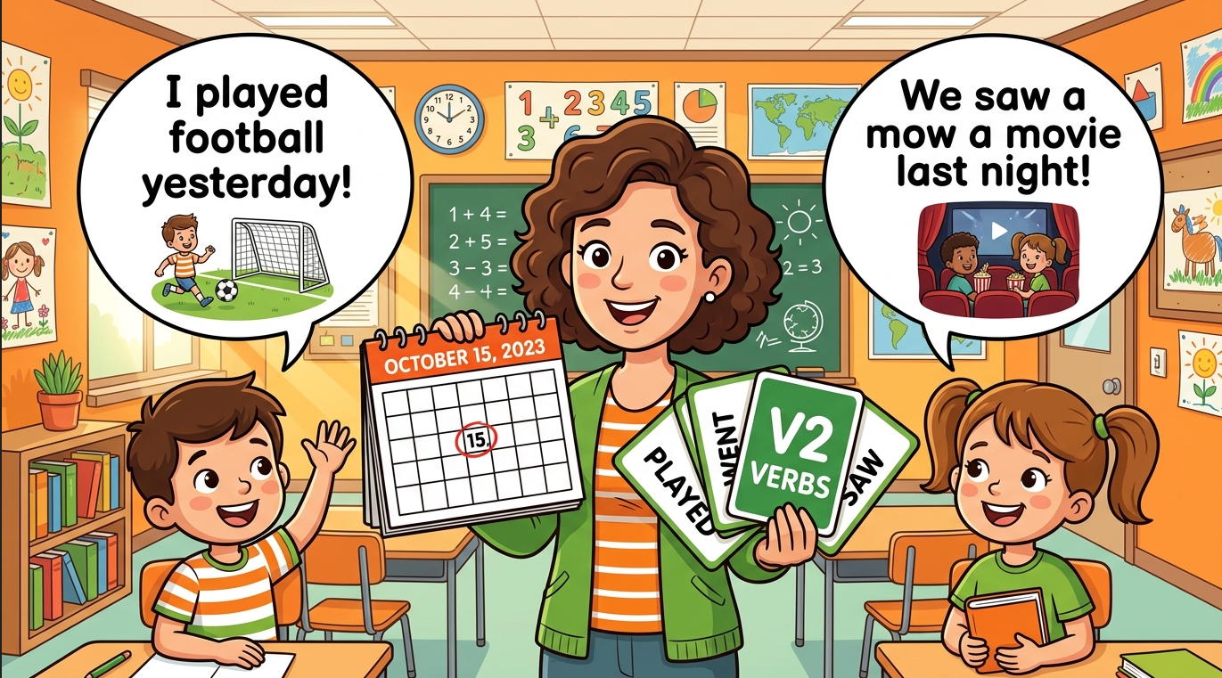 Kids learning Past Indefinite Tense in English grammar with Bangla meanings and pronunciation in a colorful classroom illustration.