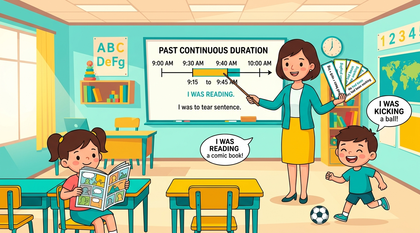 Kids learning Past Perfect Continuous Tense in English grammar with Bangla meanings and pronunciation in a colorful classroom illustration.