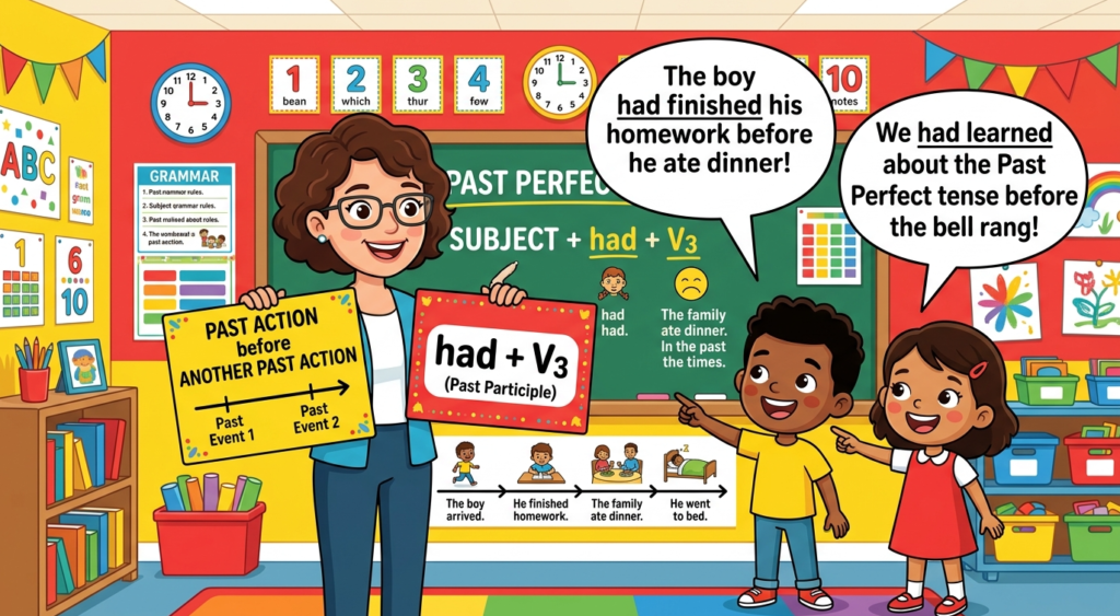 Kids learning Past Perfect Tense in English grammar with Bangla meanings and pronunciation in a colorful classroom illustration.