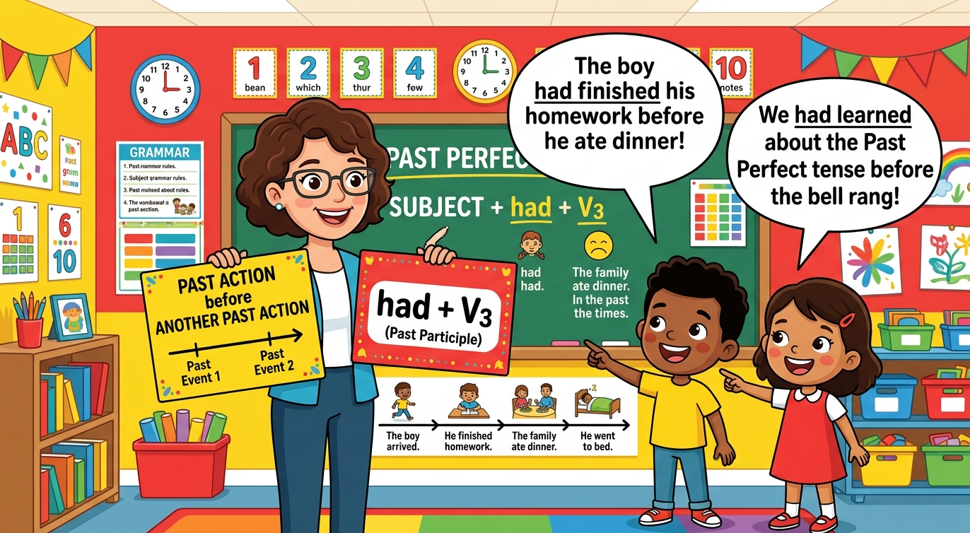 Kids learning Past Perfect Tense in English grammar with Bangla meanings and pronunciation in a colorful classroom illustration.