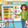 Kids learning Person, Number, Gender and Case in English grammar with Bangla meanings and pronunciation in a colorful classroom illustration.