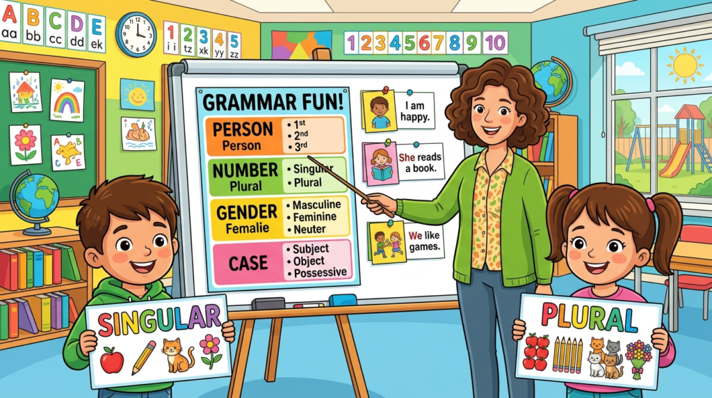 Kids learning Person, Number, Gender and Case in English grammar with Bangla meanings and pronunciation in a colorful classroom illustration.