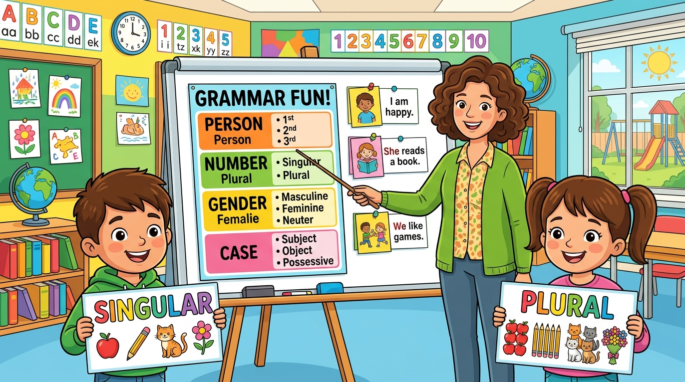 Kids learning Person, Number, Gender and Case in English grammar with Bangla meanings and pronunciation in a colorful classroom illustration.
