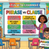 Kids learning Phrase and Clause in English grammar with Bangla meanings and pronunciation in a colorful classroom illustration.