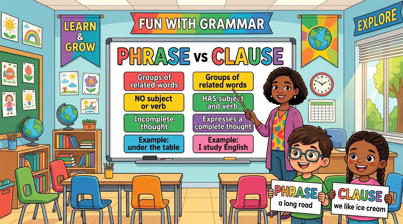 Kids learning Phrase and Clause in English grammar with Bangla meanings and pronunciation in a colorful classroom illustration.