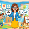 Kids learning Present Continuous Tense in English grammar with Bangla meanings and pronunciation in a colorful classroom illustration.