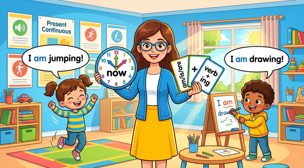 Kids learning Present Continuous Tense in English grammar with Bangla meanings and pronunciation in a colorful classroom illustration.