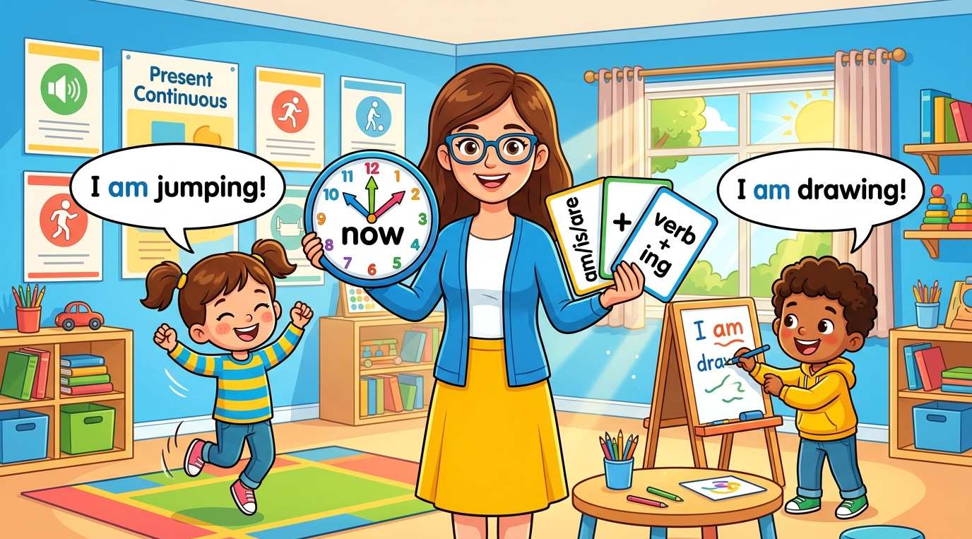 Kids learning Present Continuous Tense in English grammar with Bangla meanings and pronunciation in a colorful classroom illustration.