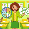 Kids learning Present Indefinite Tense in English grammar with Bangla meanings and pronunciation in a colorful classroom illustration.
