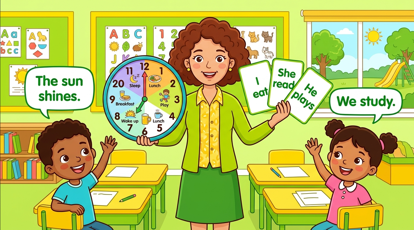 Kids learning Present Indefinite Tense in English grammar with Bangla meanings and pronunciation in a colorful classroom illustration.