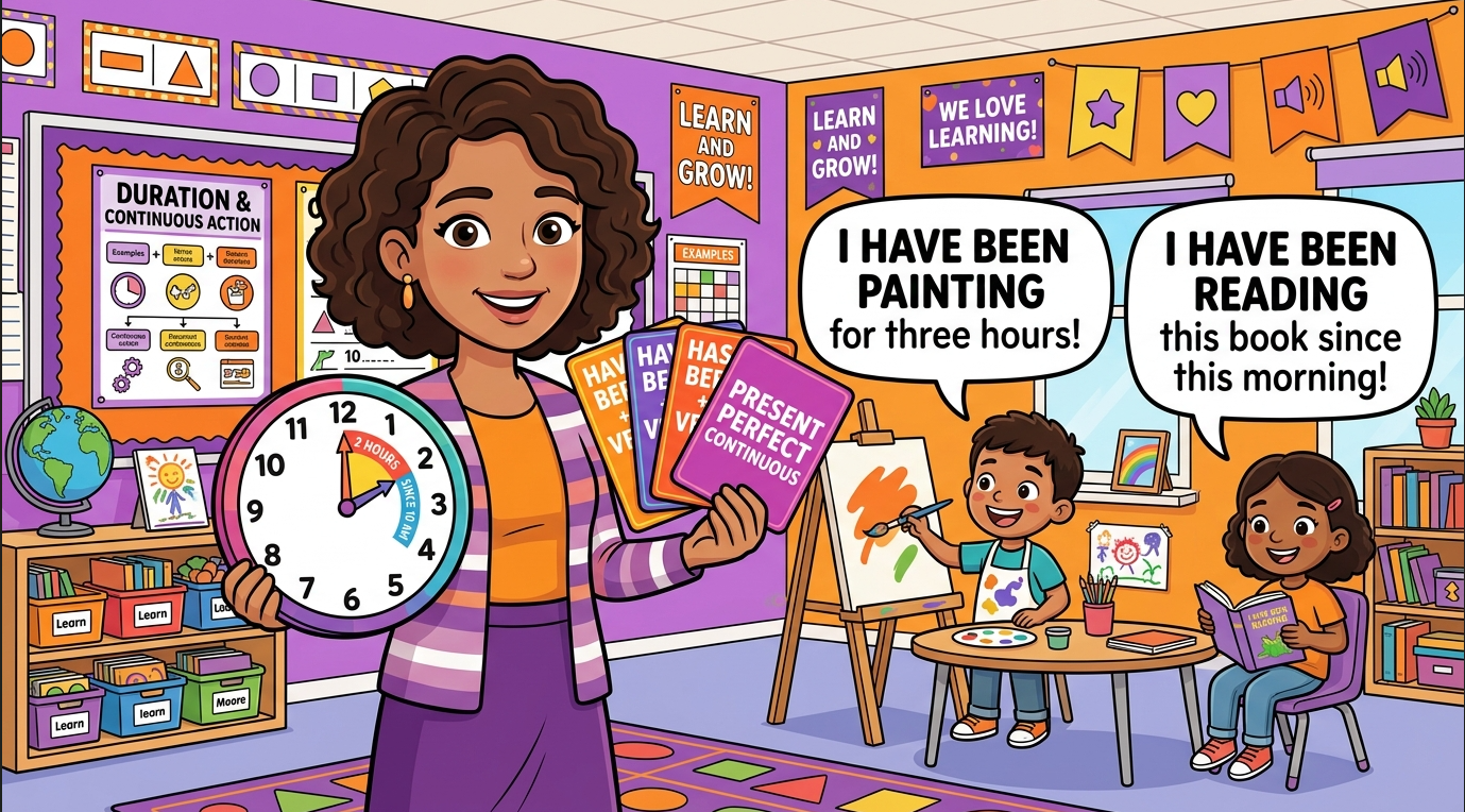 Kids learning Present Perfect Continuous Tense in English grammar with Bangla meanings and pronunciation in a colorful classroom illustration.