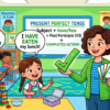 Kids learning Present Perfect Tense in English grammar with Bangla meanings and pronunciation in a colorful classroom illustration.