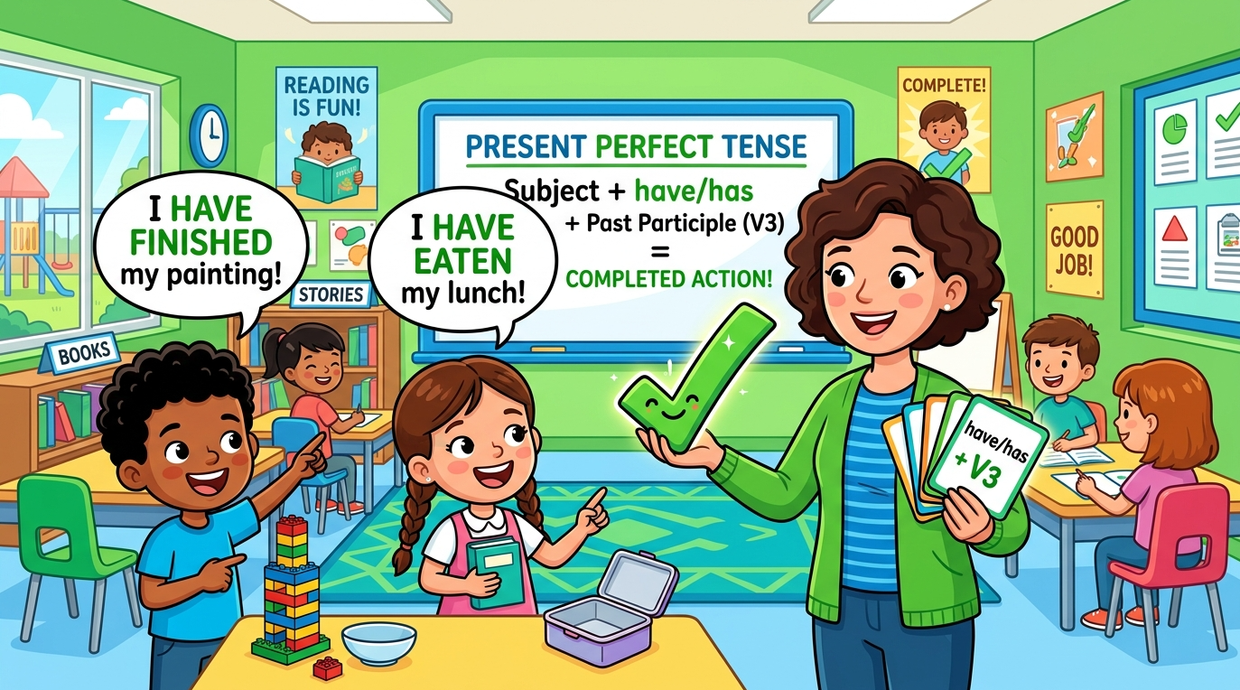 Kids learning Present Perfect Tense in English grammar with Bangla meanings and pronunciation in a colorful classroom illustration.