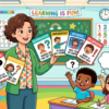 Kids learning Sentence According to Meaning in English grammar with Bangla meanings and pronunciation in a colorful classroom illustration.