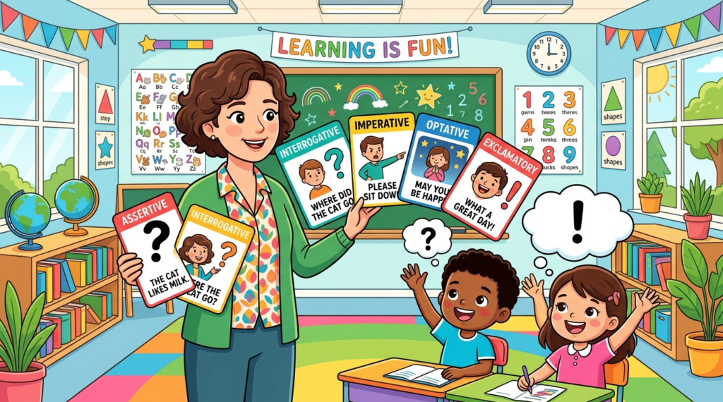 Kids learning Sentence According to Meaning in English grammar with Bangla meanings and pronunciation in a colorful classroom illustration.