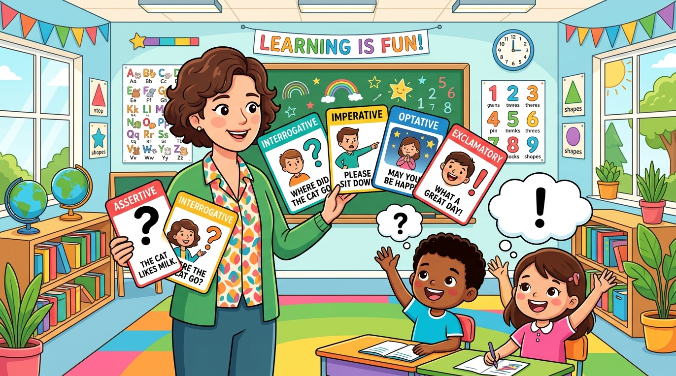 Kids learning Sentence According to Meaning in English grammar with Bangla meanings and pronunciation in a colorful classroom illustration.