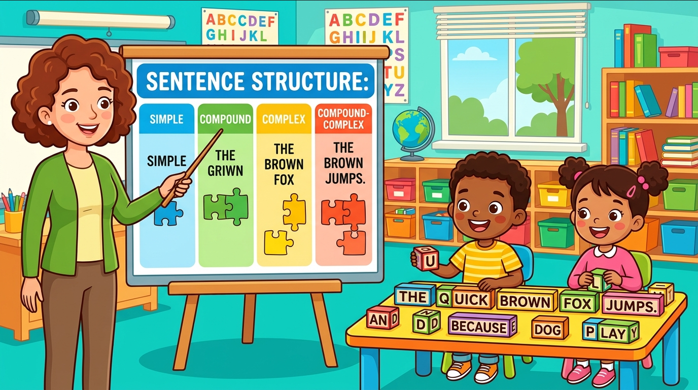 Kids learning Sentence According to Structure in English grammar with Bangla meanings and pronunciation in a colorful classroom illustration.