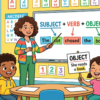 Kids learning Sentence, Subject and Object in English grammar with Bangla meanings and pronunciation in a colorful classroom illustration.