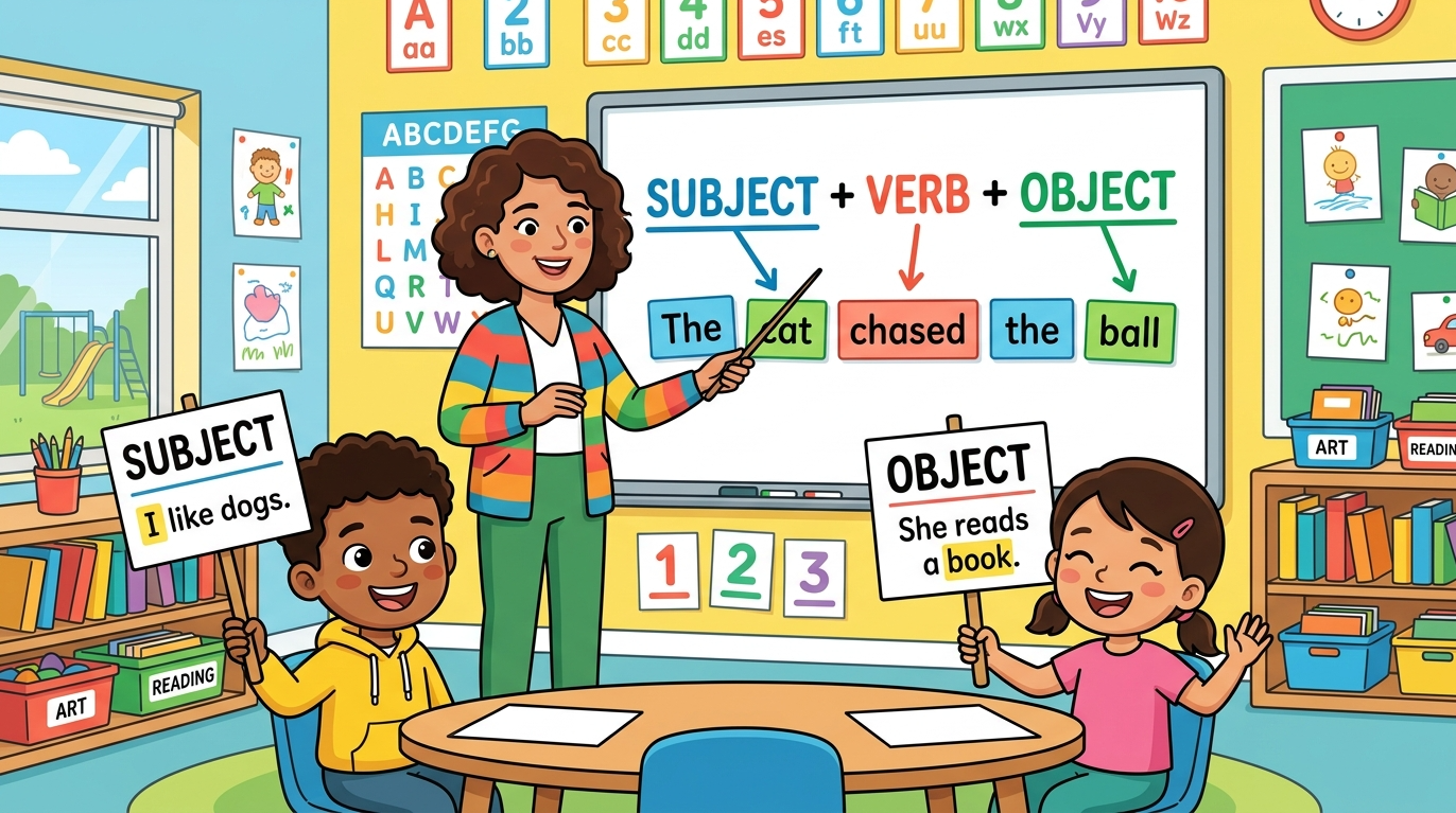 Kids learning Sentence, Subject and Object in English grammar with Bangla meanings and pronunciation in a colorful classroom illustration.