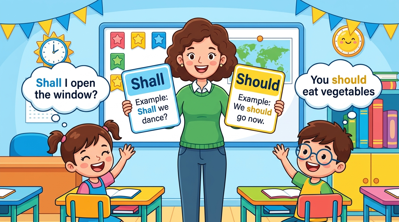 Kids learning Shall and Should with all meanings in English grammar with Bangla meanings and pronunciation in a colorful classroom illustration.