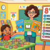 Kids learning Sound, Words and Parts of Speech in English grammar with Bangla meanings and pronunciation in a colorful classroom illustration.