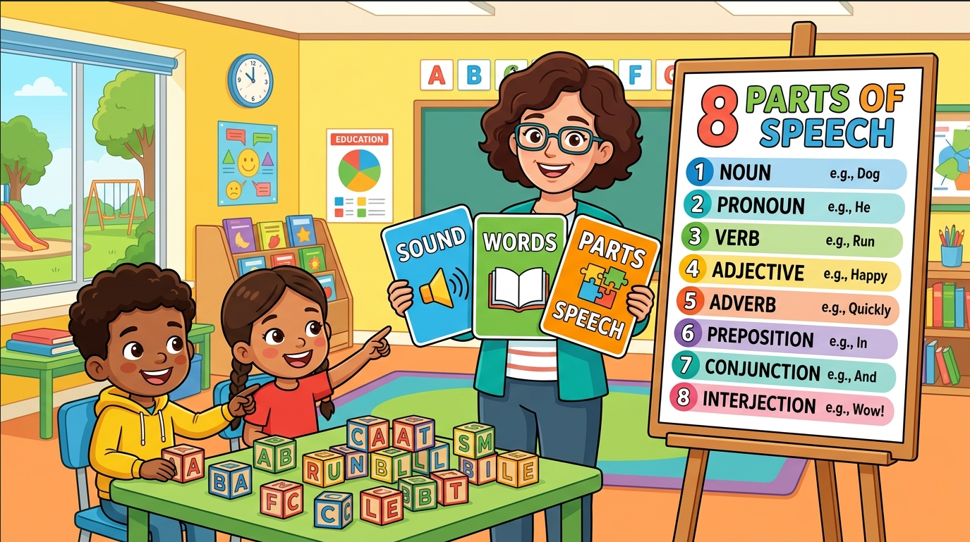 Kids learning Sound, Words and Parts of Speech in English grammar with Bangla meanings and pronunciation in a colorful classroom illustration.