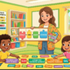 Kids learning Subject + Verb + Object + Extension to make large sentences in English grammar with Bangla meanings in a colorful classroom illustration.