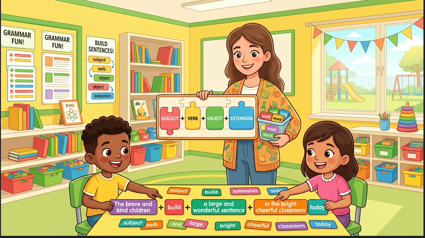 Kids learning Subject + Verb + Object + Extension to make large sentences in English grammar with Bangla meanings in a colorful classroom illustration.