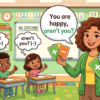 Kids learning Tag Question in English grammar with Bangla meanings and pronunciation in a colorful classroom illustration.
