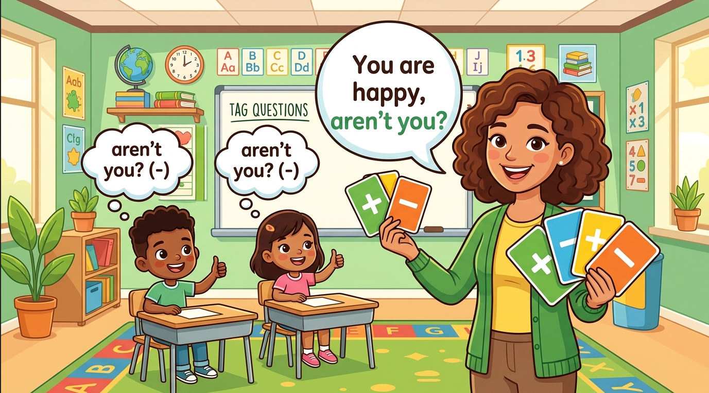 Kids learning Tag Question in English grammar with Bangla meanings and pronunciation in a colorful classroom illustration.