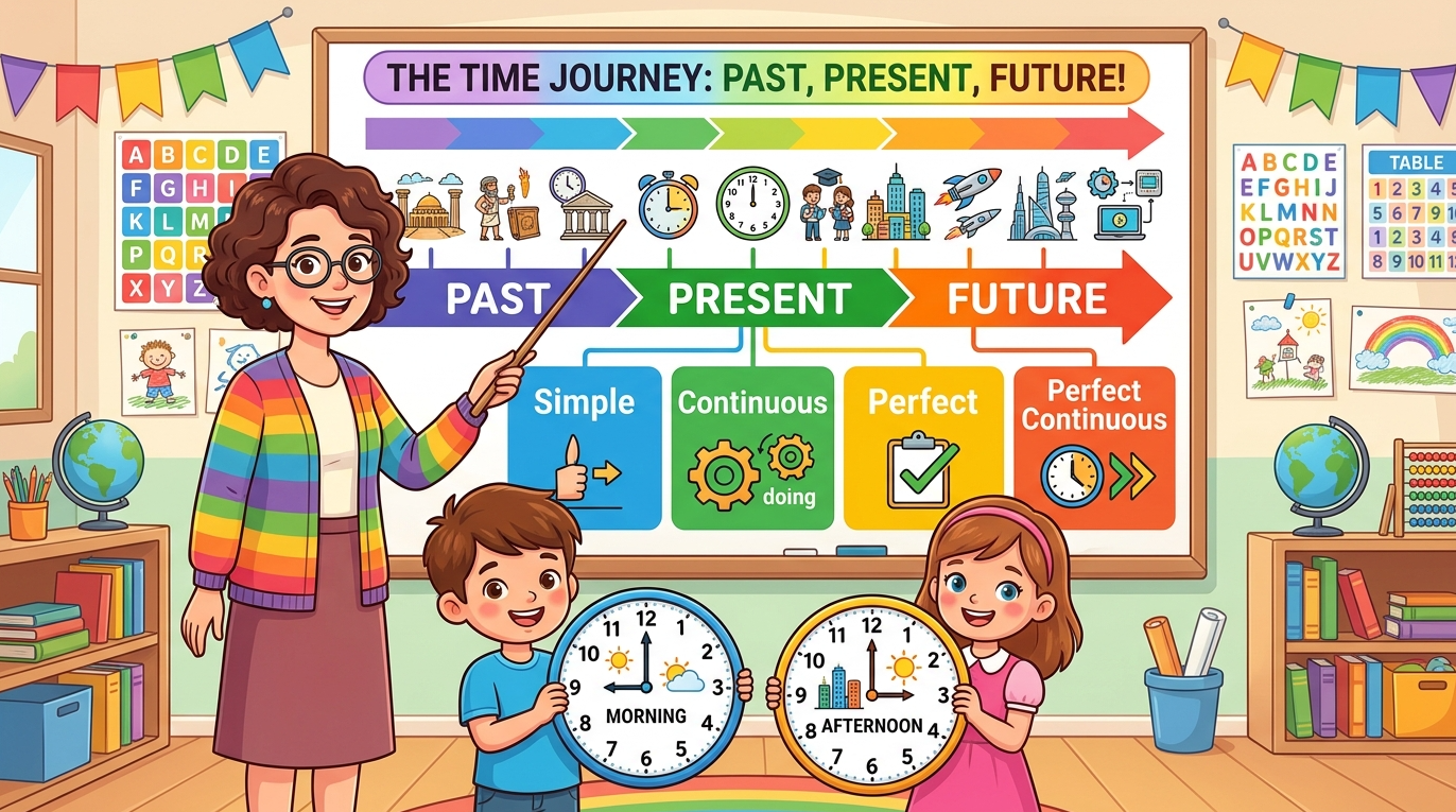 Kids learning Tense in English grammar with Bangla meanings and pronunciation in a colorful classroom illustration.