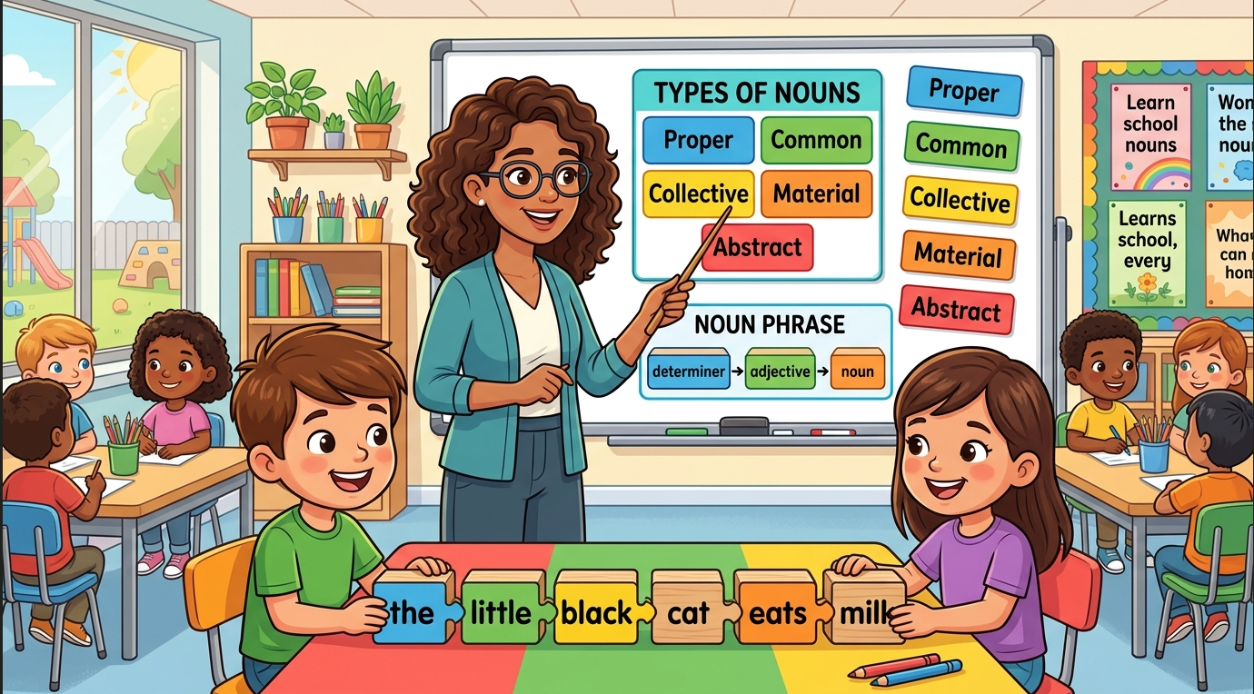 Kids learning Types of Noun and Noun Phrase with examples in English grammar with Bangla meanings and pronunciation in a colorful classroom illustration.