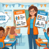 Kids learning Various Use of Need and Dare in English grammar with Bangla meanings and pronunciation in a colorful classroom illustration.