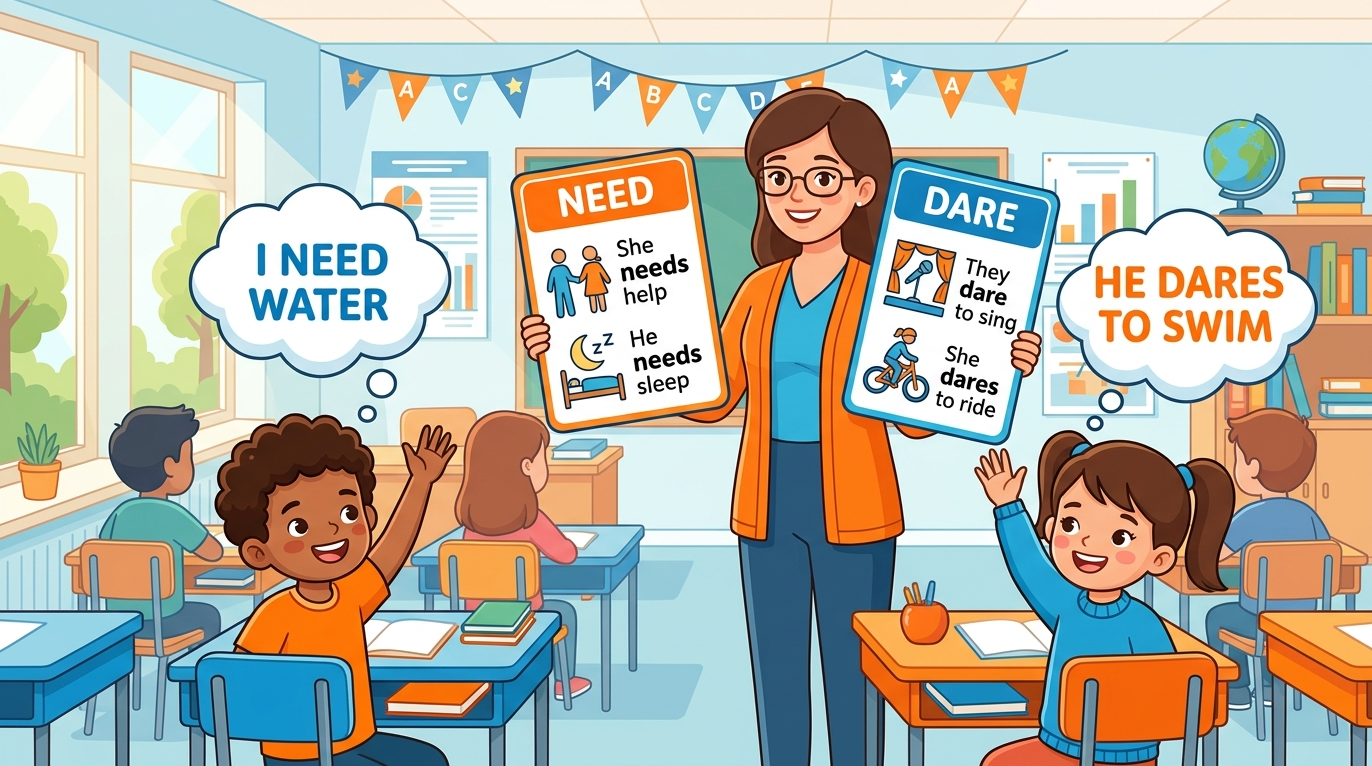 Kids learning Various Use of Need and Dare in English grammar with Bangla meanings and pronunciation in a colorful classroom illustration.