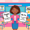 Kids learning Various Use of Ought To and Be To in English grammar with Bangla meanings and pronunciation in a colorful classroom illustration.