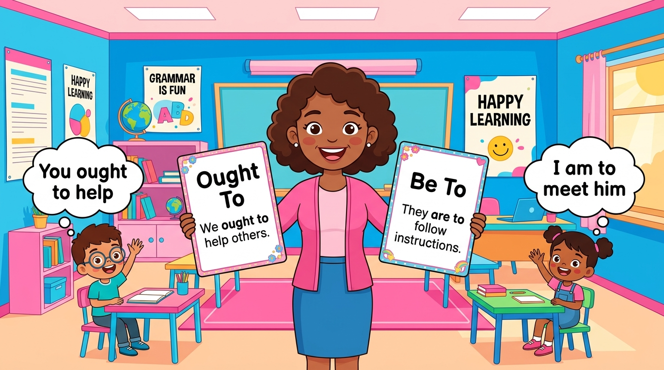 Kids learning Various Use of Ought To and Be To in English grammar with Bangla meanings and pronunciation in a colorful classroom illustration.