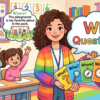 Kids learning WH Questions in English grammar with Bangla meanings and pronunciation in a colorful classroom illustration.