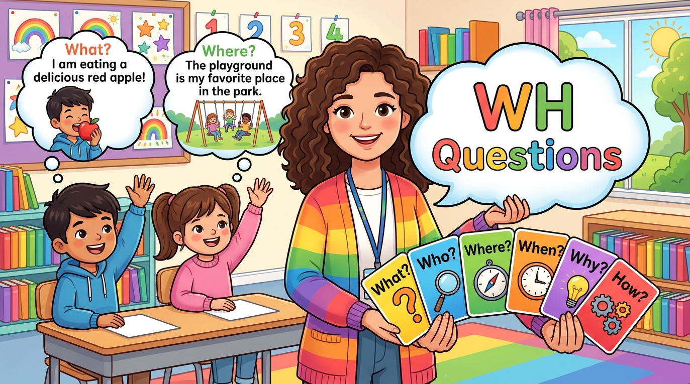Kids learning WH Questions in English grammar with Bangla meanings and pronunciation in a colorful classroom illustration.