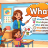 Kids learning What questions in English grammar with Bangla meanings and probable answers in a colorful classroom illustration.
