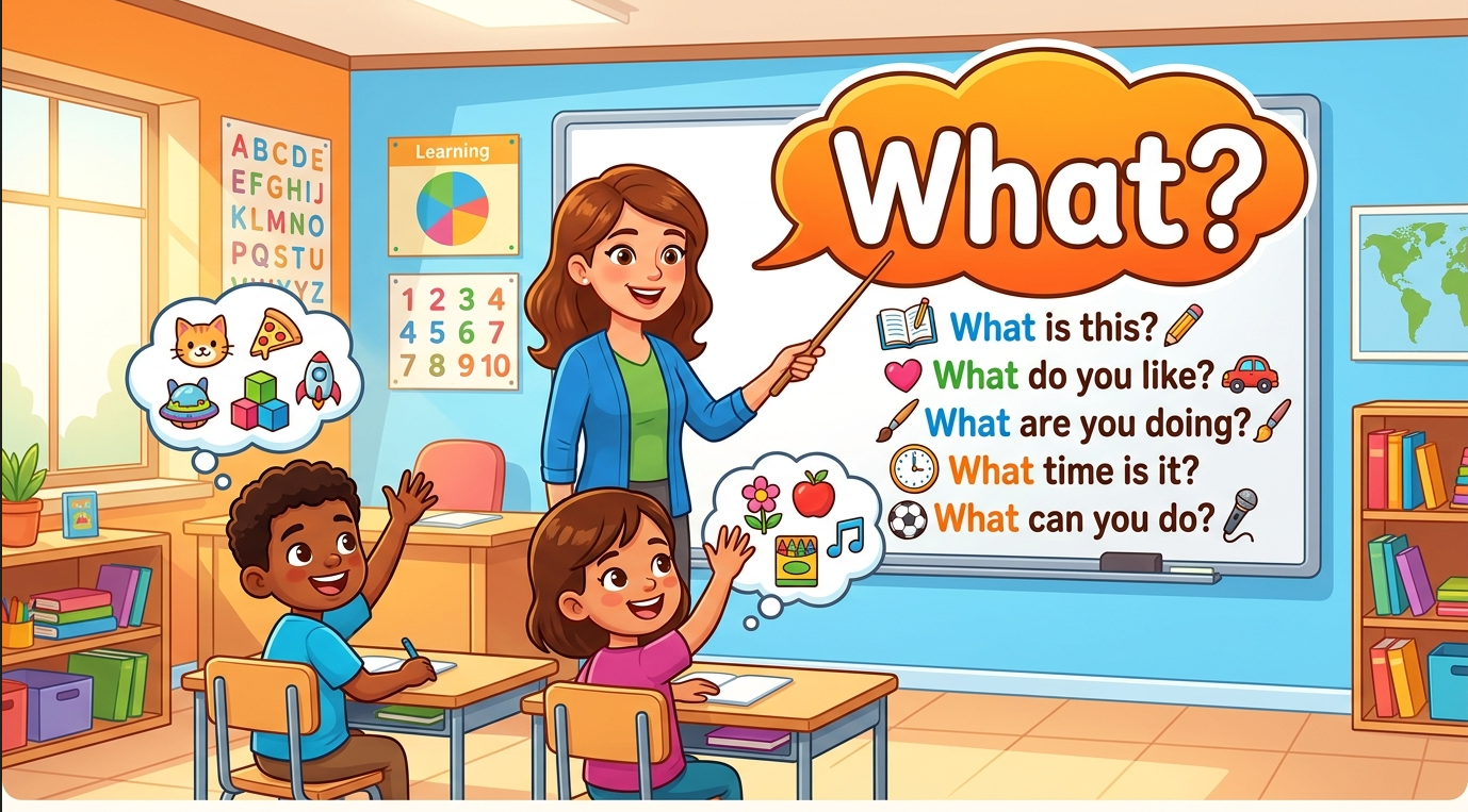 Kids learning What questions in English grammar with Bangla meanings and probable answers in a colorful classroom illustration.