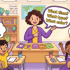 Kids learning What+Word questions in English grammar with Bangla meanings and probable answers in a colorful classroom illustration.
